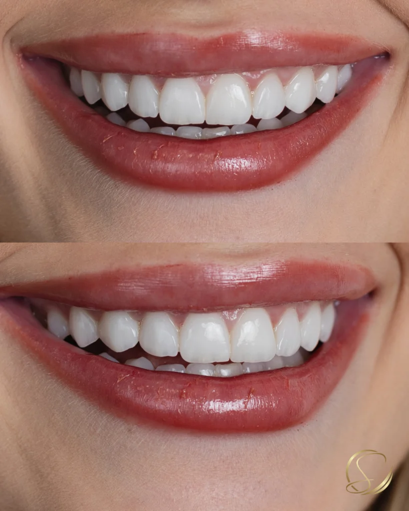 Resultado de lentes de contato de porcelana mostrando sorriso mais harmônico, alinhado e estético em tratamento odontológico realizado na Espaço Saúde Odontologia Especializada em Piabetá.